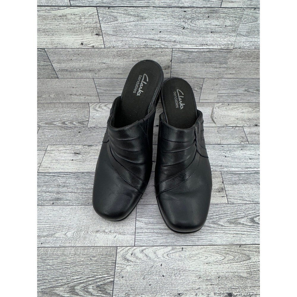 Clarks Bendables Black Leather Pleated Block Heel Mule Clogs 39373 Women Sz 8M